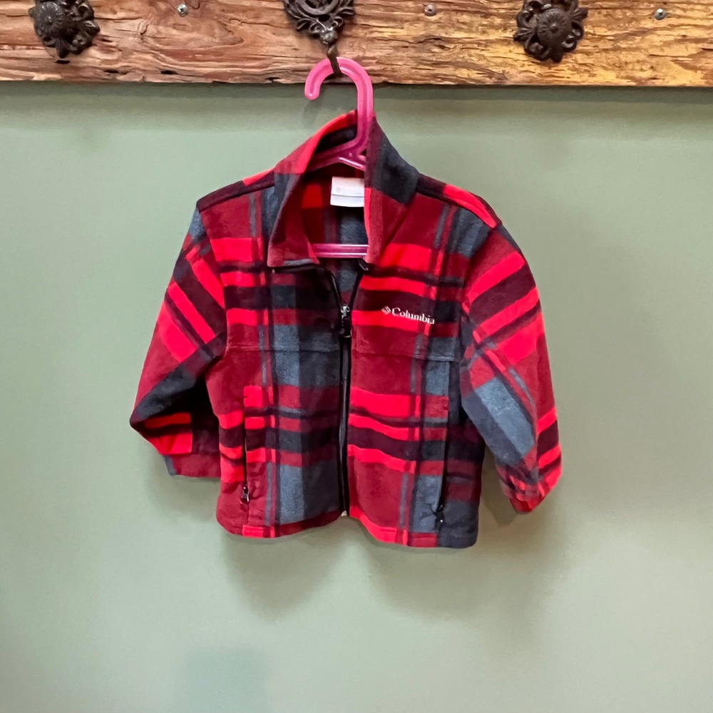 Columbia Kids Plaid Fleece Jacket Full Zip Red Gray Size 4/5